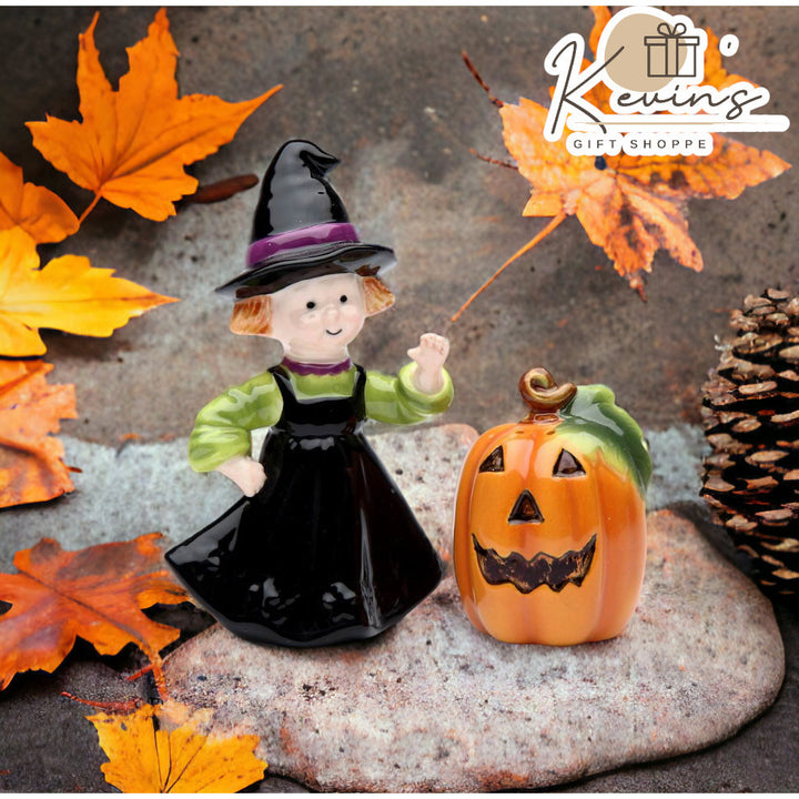 Ceramic Pumpkin and Witch Salt and Pepper Shakers Fall Halloween Image 1