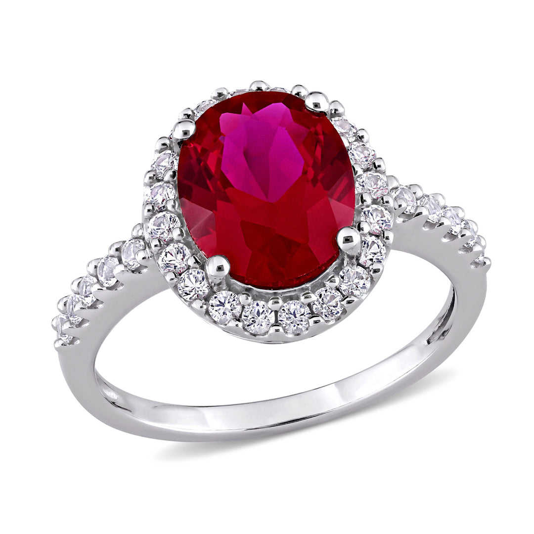 4 3/4 Carat (ctw) Lab-Created Ruby and White Sapphire Halo Engagement Ring in 10K White Gold Image 1