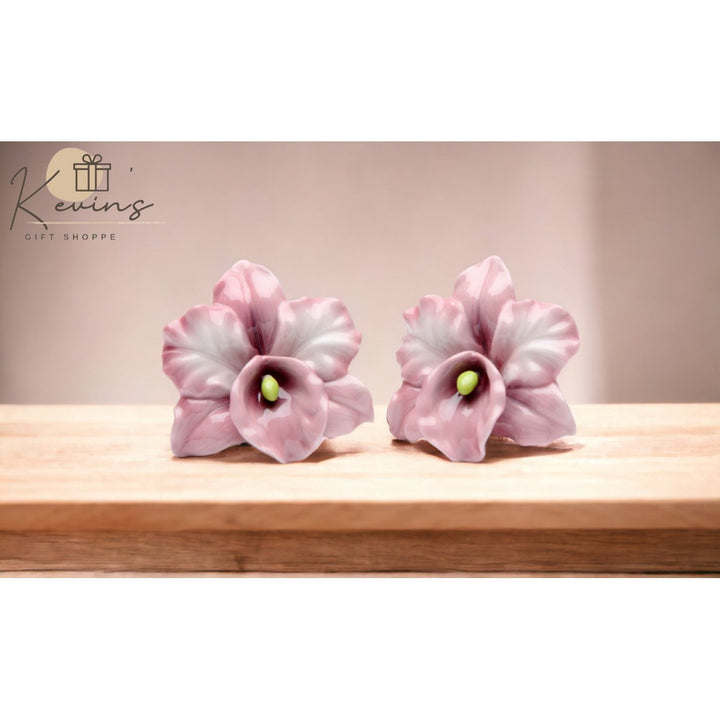 Hand Painted Ceramic Pink Orchid Salt and Pepper Shakers 2.5in Gift Image 1