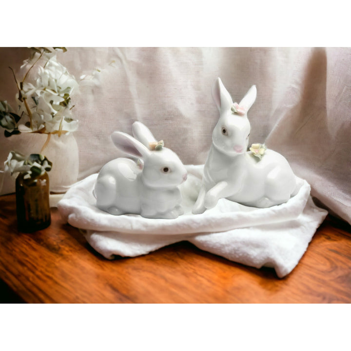 Handcrafted Ceramic Bunny Rabbit Figurines Set of 2 Spring Easter Gift Image 1