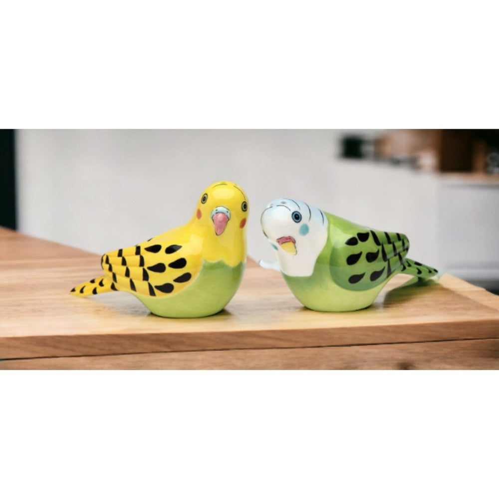 Ceramic Yellow Green Parakeet Salt Pepper Shakers Hand Painted Image 2