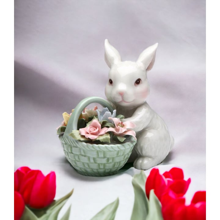 Ceramic Easter Bunny Figurine with Flower Basket 3.5in Spring Gift Image 2