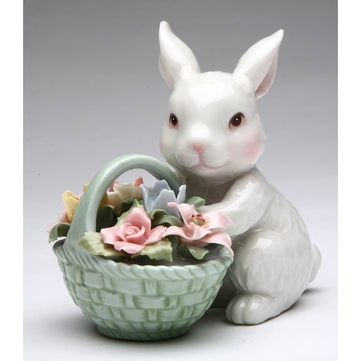 Ceramic Easter Bunny Figurine with Flower Basket 3.5in Spring Gift Image 3