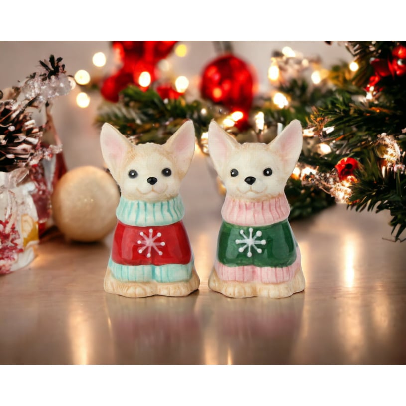 Ceramic Chihuahua Salt and Pepper Shakers Christmas Image 1