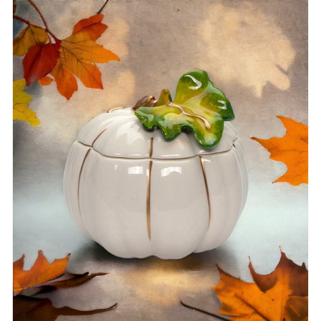 Ceramic White Pumpkin Candy Box Small 3 5/8in Fall Thanksgiving Gift Image 1