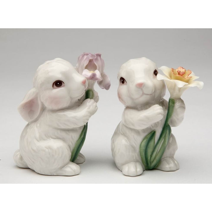 Ceramic Bunny Rabbit Salt and Pepper Shakers with Flowers Image 3