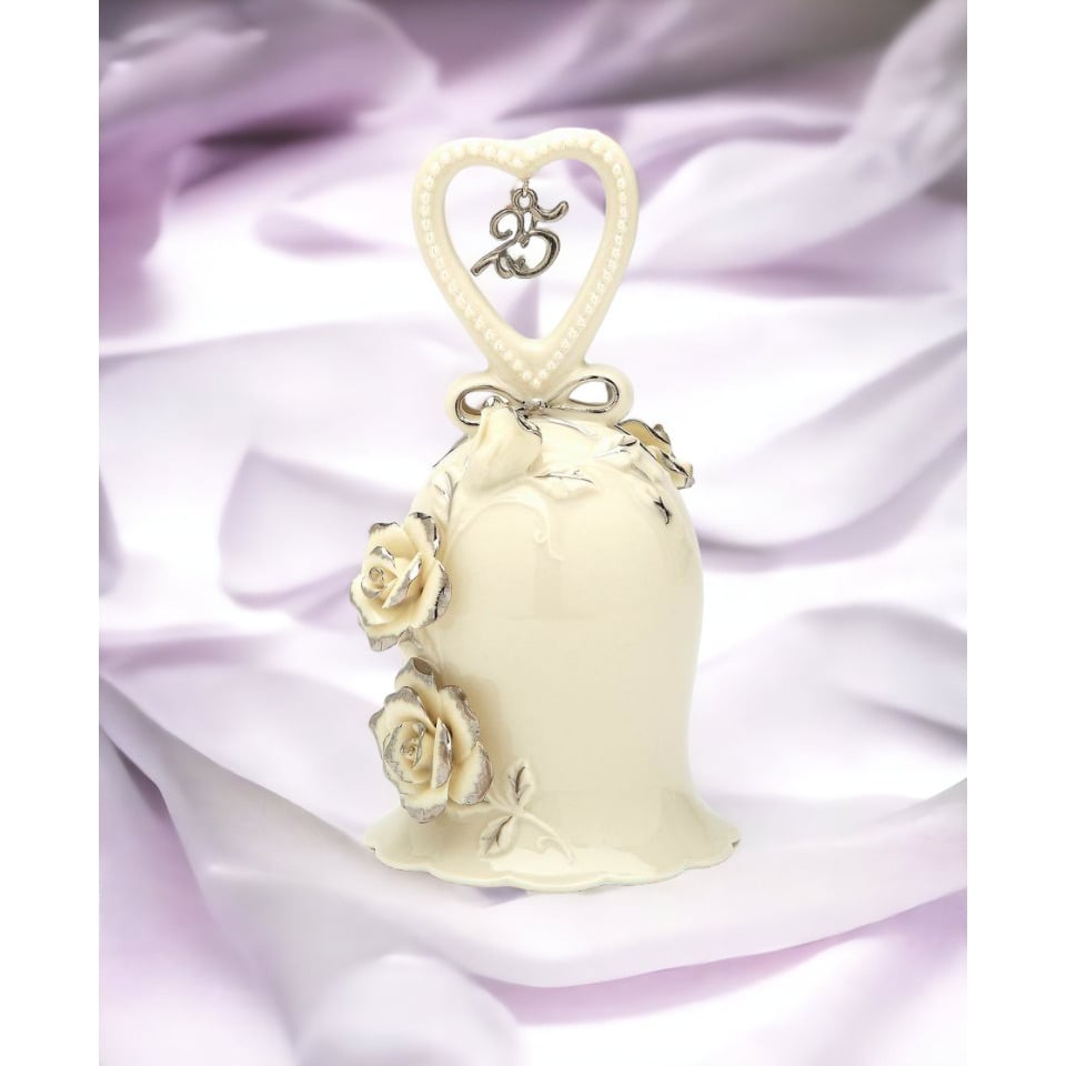 Hand Crafted Ceramic Ivory Rose Bell 25th Anniversary Decor Gift Silver Accents Image 2