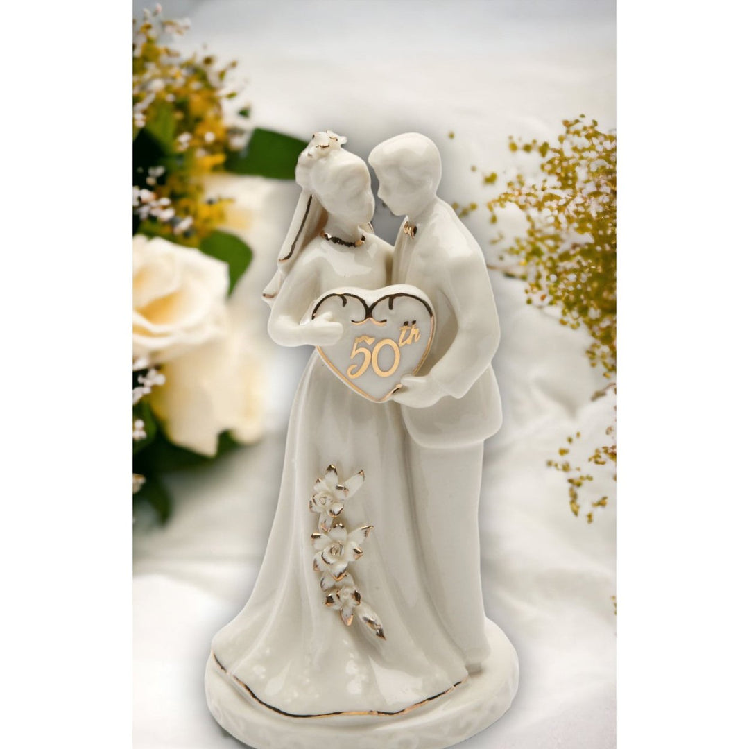 Handcrafted Ceramic Cake Topper 50th Anniversary Golden Accents 2.5x4.75 Inches Image 2