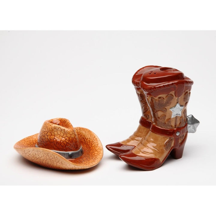 Hand Painted Ceramic Cowboy Hat Boots Salt Pepper Shakers Western Image 3