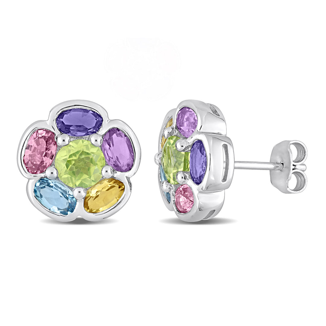 3.70 Carat (ctw) Multi-Gemstone Flower Button Earrings n Sterling Silver Image 1
