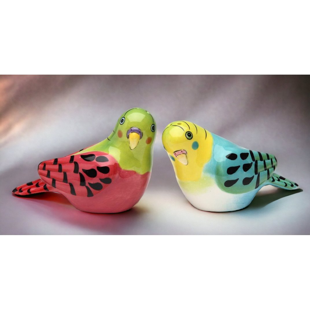 Ceramic Pink Blue Parakeet Salt and Pepper Shakers Image 2