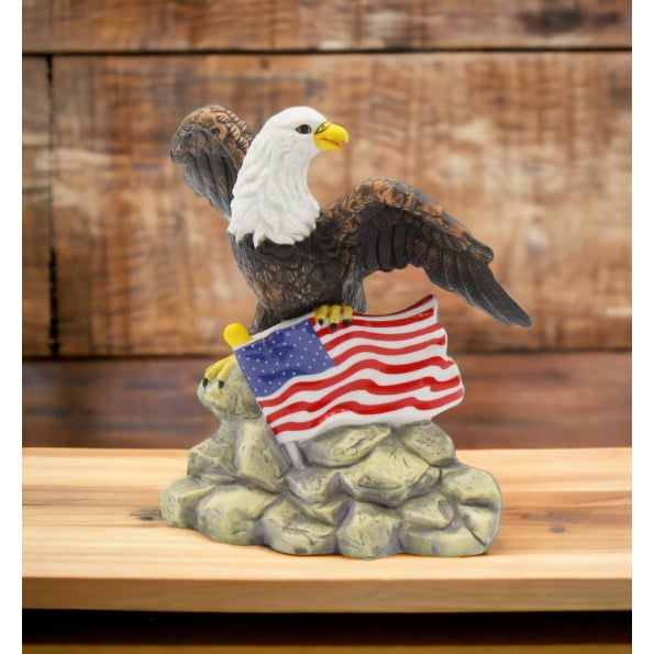 Ceramic Bald Eagle Figurine with American Flag 6.5in Independence Day Decor Gift Image 1