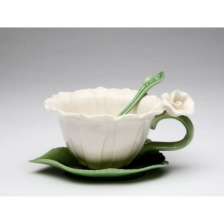 Ceramic White Daisy Flower Cup Saucer Spoon Set 4 Oz Gift Image 3