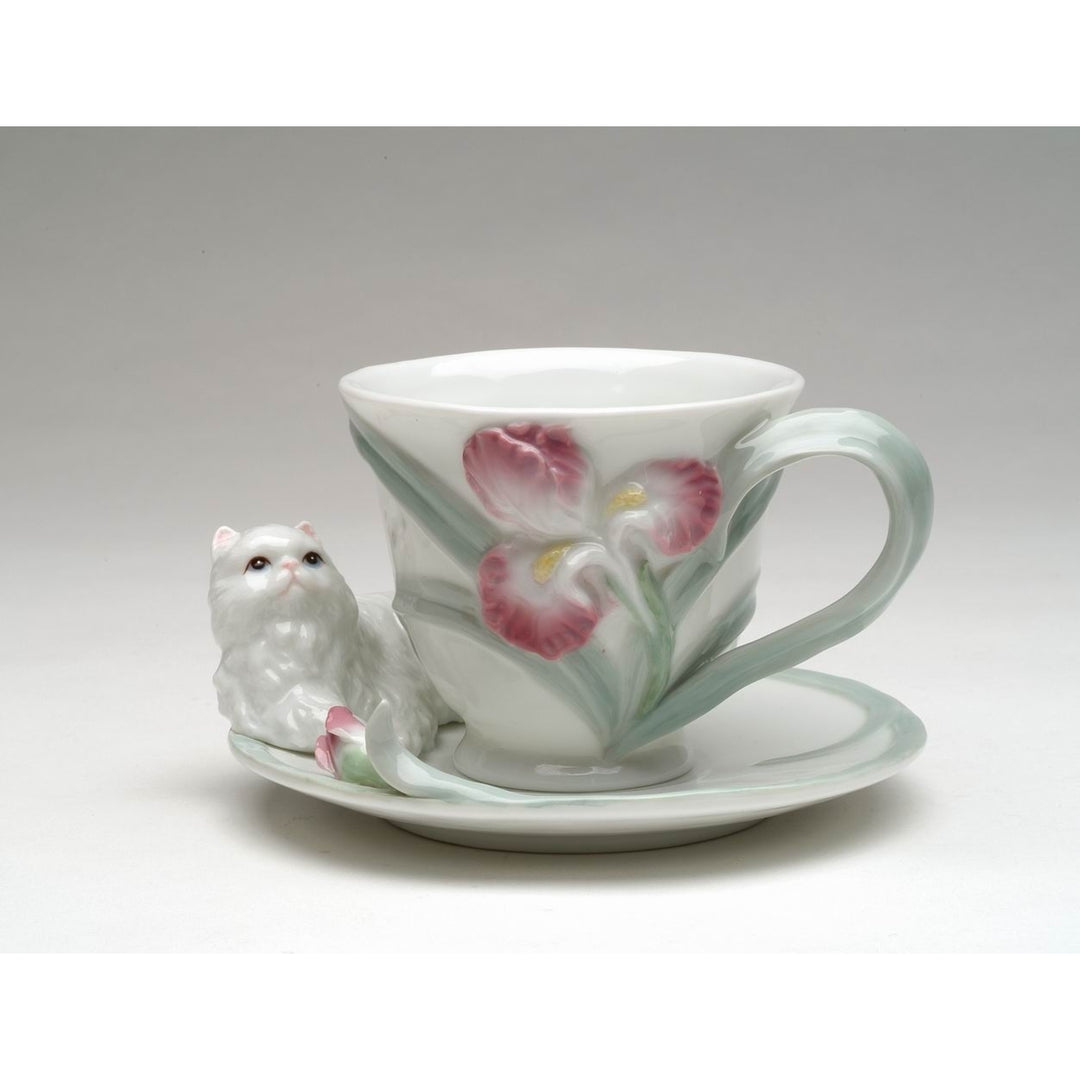 Ceramic Persian Cat Cup and Saucer Set Iris Flower Gift 4.5 Inch Image 3