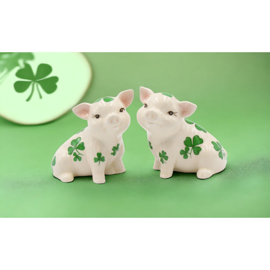 Ceramic Shamrock Pig Salt and Pepper Shakers 3.5 Inch St. Patricks Day Decor Image 1