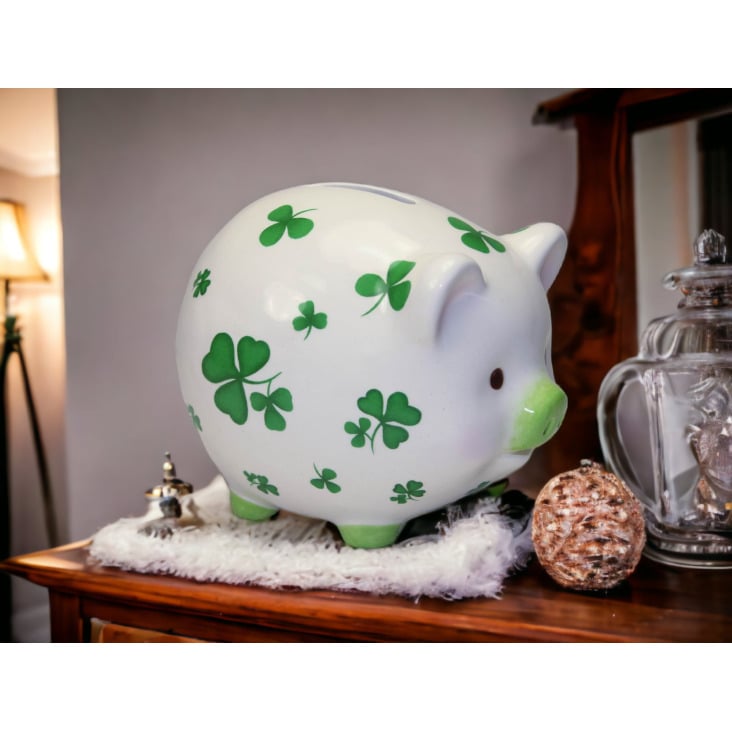 Ceramic Piggy Bank Shamrock Design 4.875 in Irish Image 2