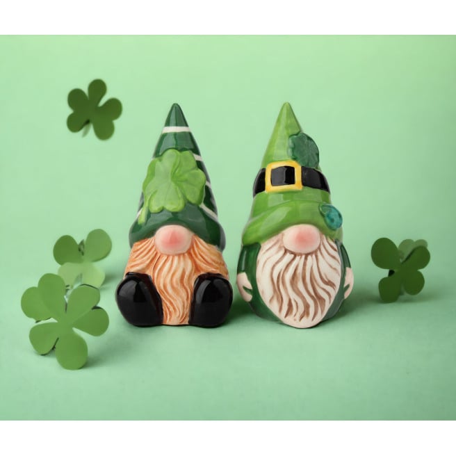 Ceramic Irish Gnomes Salt and Pepper Shakers 3.875In Image 1