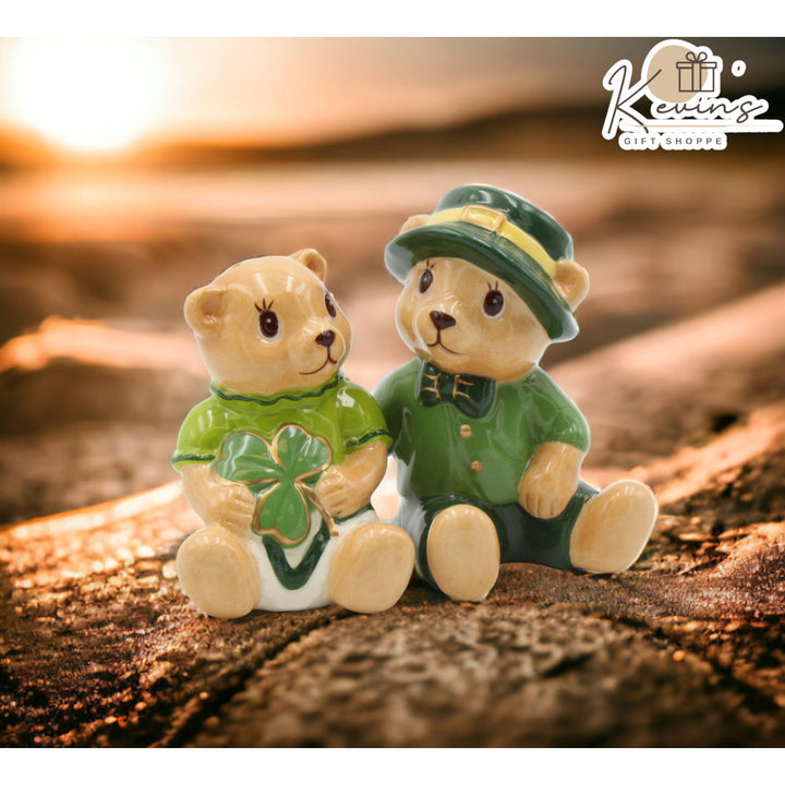 Ceramic Irish Teddy Bear Couple Shamrock Salt and Pepper Shakers Image 2