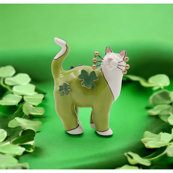 Green Ceramic Cat Figurine with Shamrocks and Golden Bead Whiskers 4.75in x 5.5in Image 1