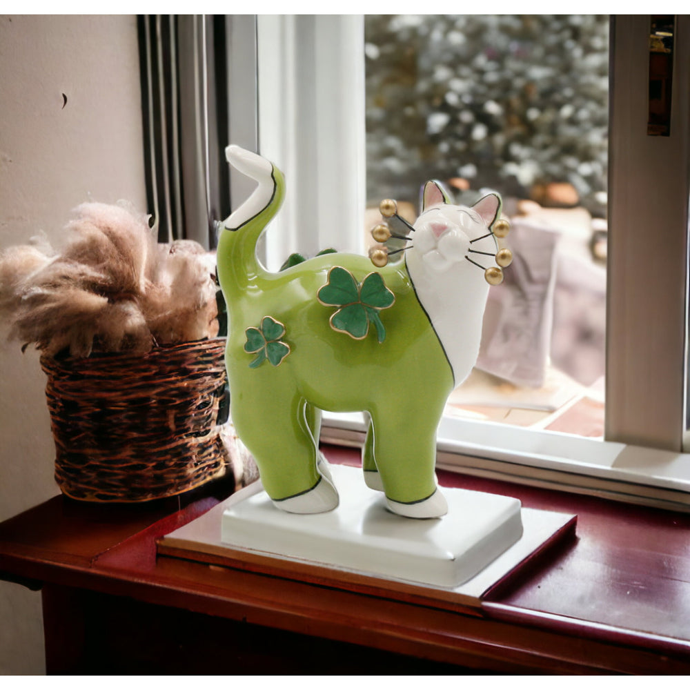 Green Ceramic Cat Figurine with Shamrocks and Golden Bead Whiskers 4.75in x 5.5in Image 2