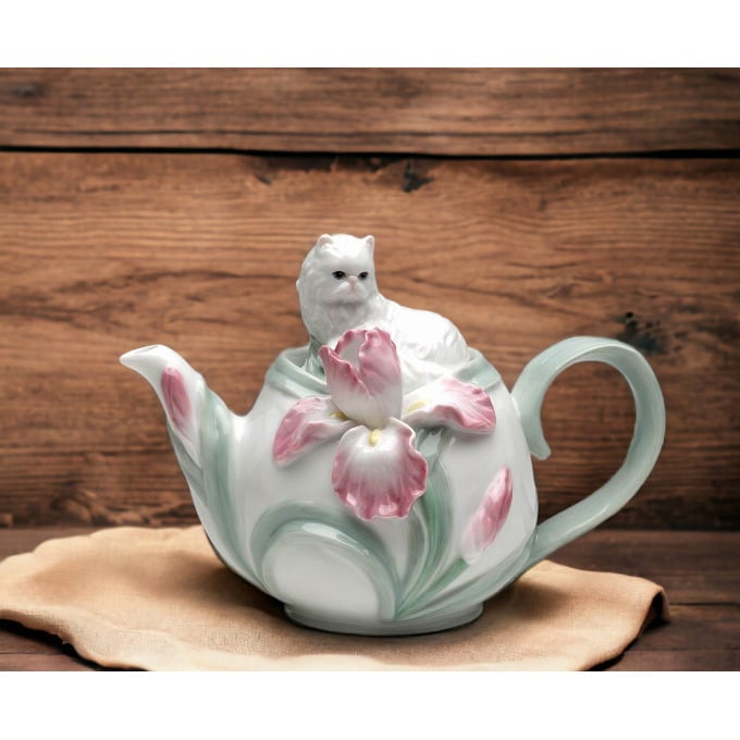 Ceramic Persian Cat Teapot Iris Flower 20 oz Image 1