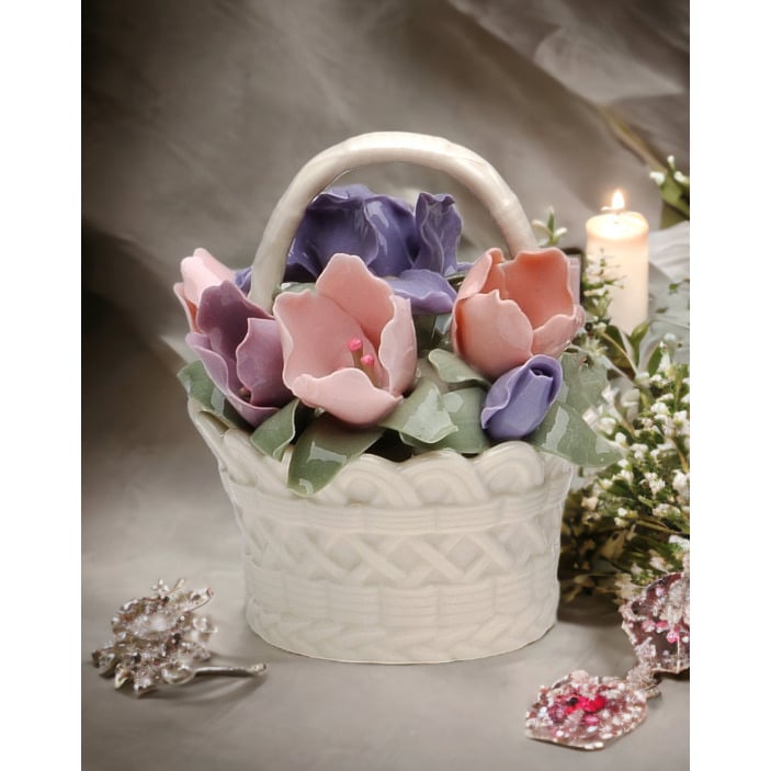 Ceramic Iris Flower Basket Figurine 3.75in Spring Image 1