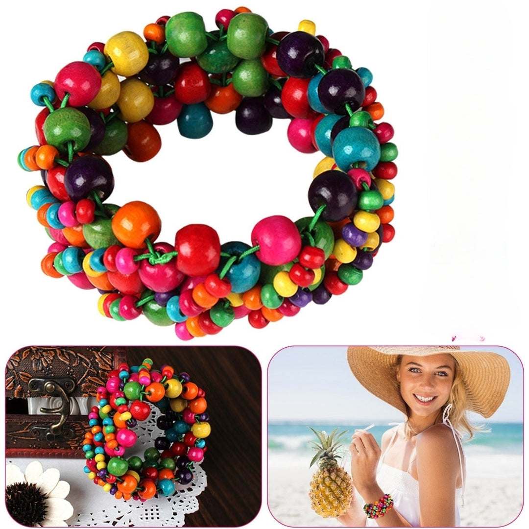 Multi-Color Wooden Beaded Stretchy Bracelet Colorful Exotic Style Elastic Bracelets For Women Girls Children Image 1