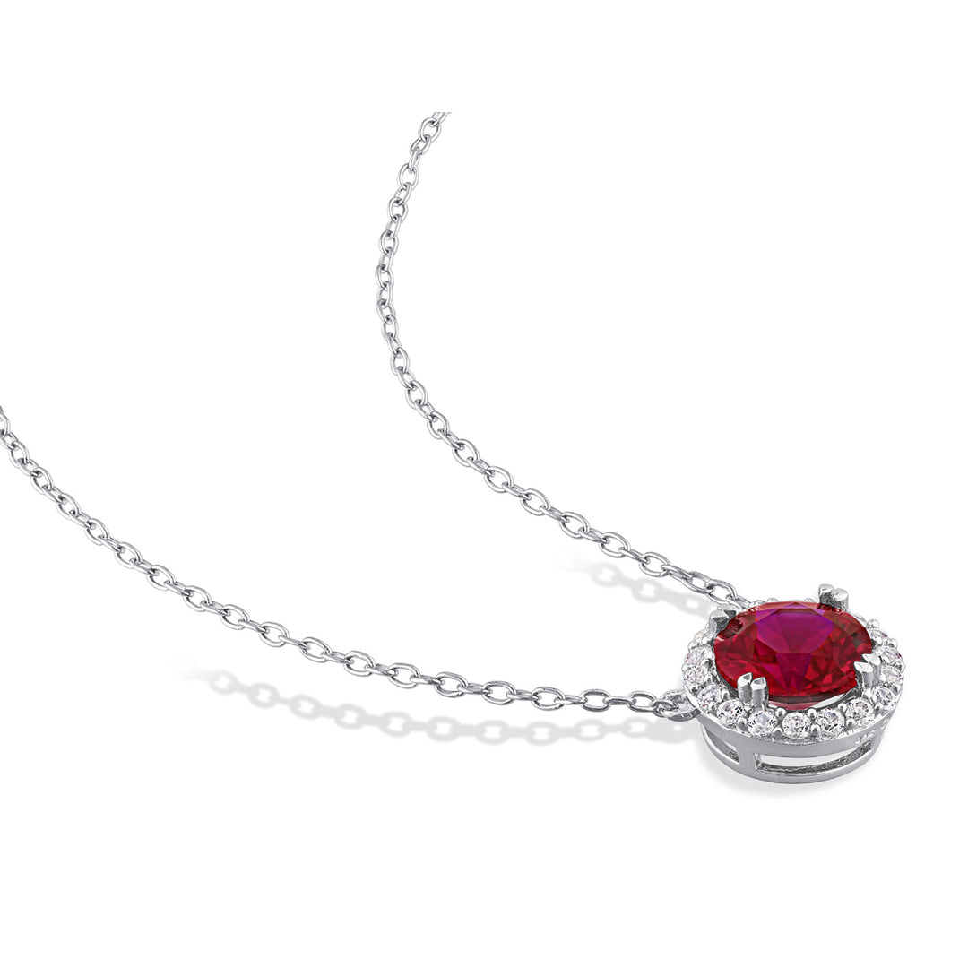 2.76 Carat (ctw) Lab-Created Ruby and White Sapphire Halo Pendant Necklace in Sterling Silver with Chain Image 3