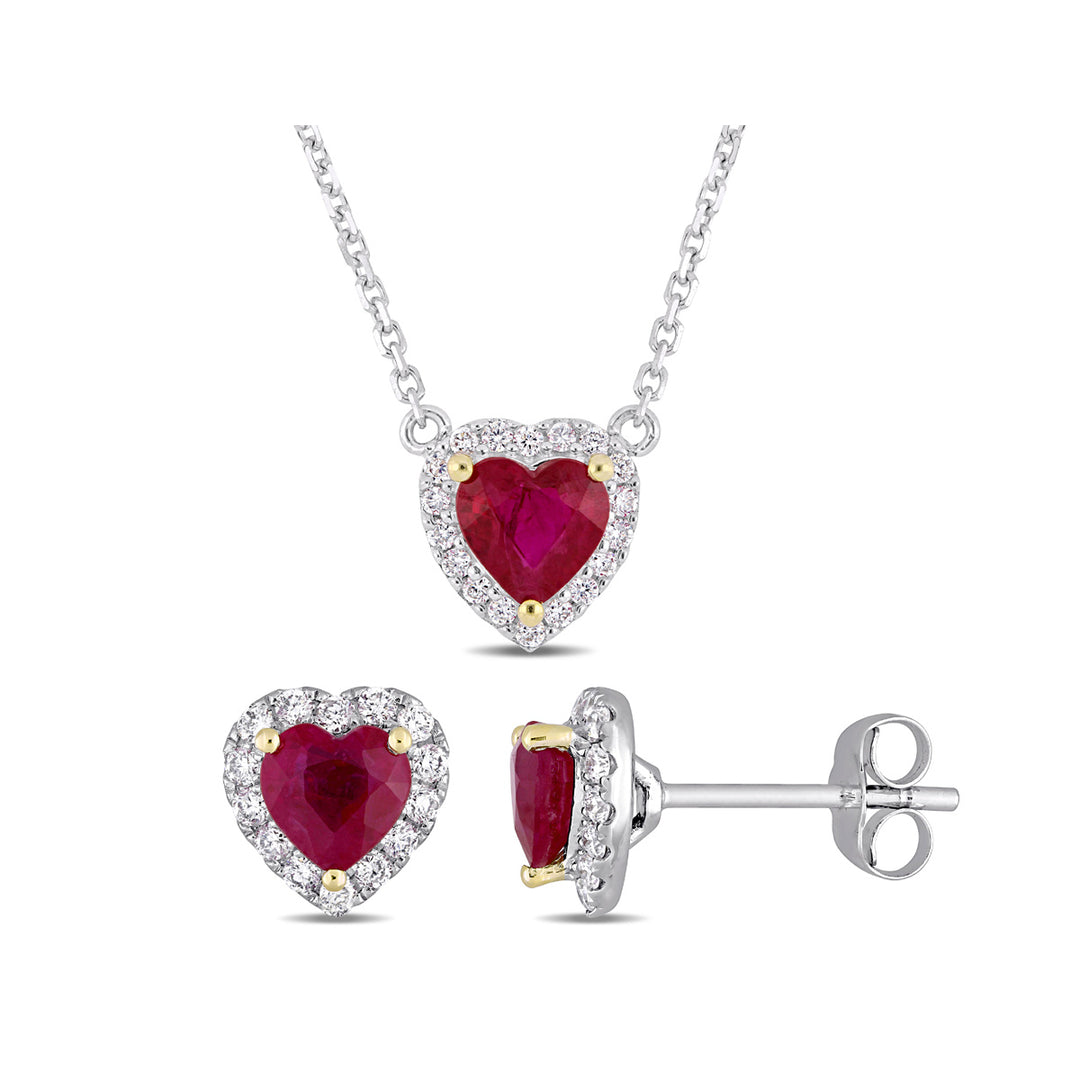 1.67 Carat (ctw) Ruby Heart Earrings and Pendant Set in 14k White Gold with Diamonds 1/3 Carat (ctw) Image 1