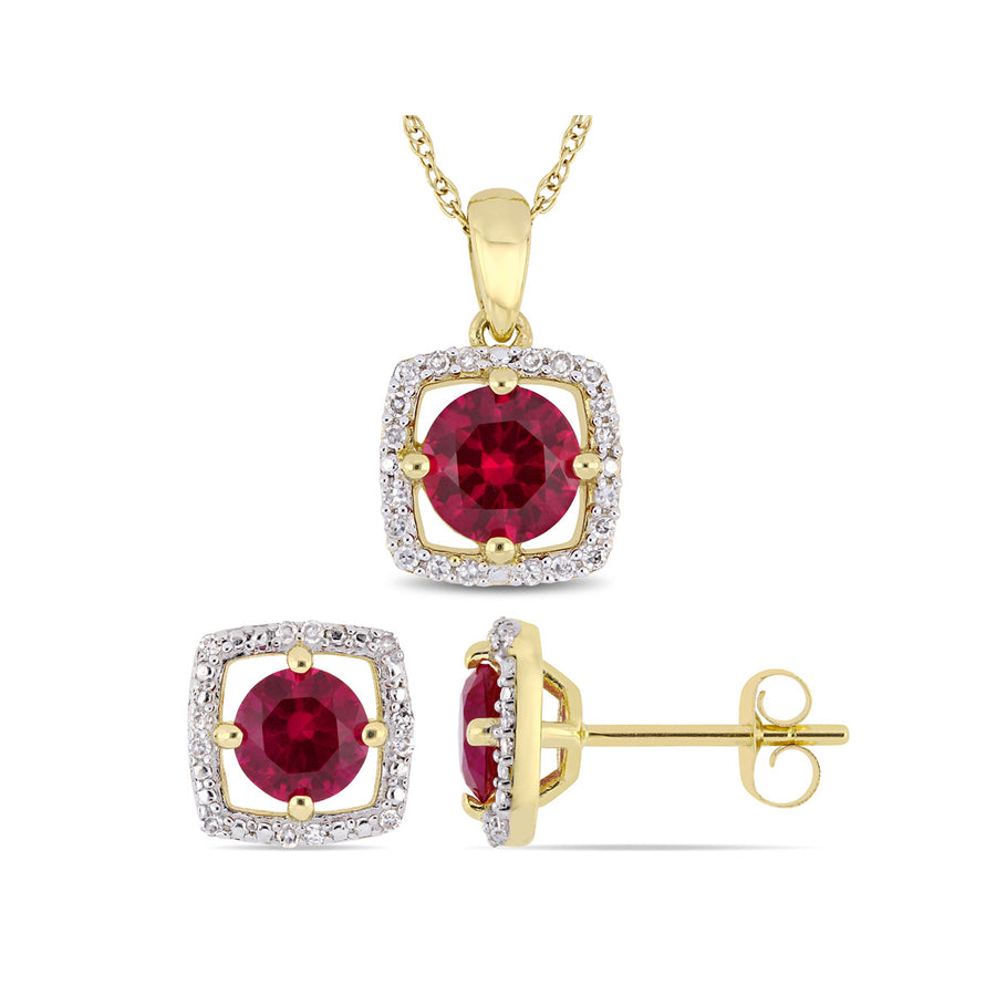 2.19 Carat (ctw) Lab-Created Ruby Halo Earrings and Pendant Set in 10K Yellow Gold with Diamonds Image 1