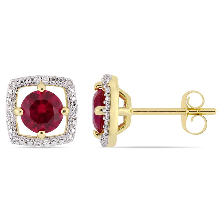 2.19 Carat (ctw) Lab-Created Ruby Halo Earrings and Pendant Set in 10K Yellow Gold with Diamonds Image 3