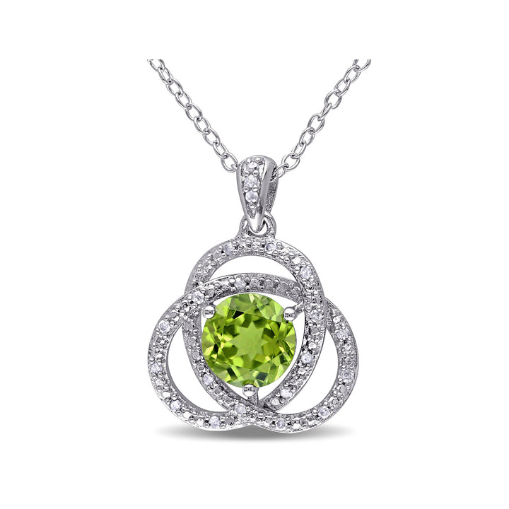1.52 Carat (ctw) Peridot Trillium Pendant Necklace in Sterling Silver with Chain and Diamonds Image 1