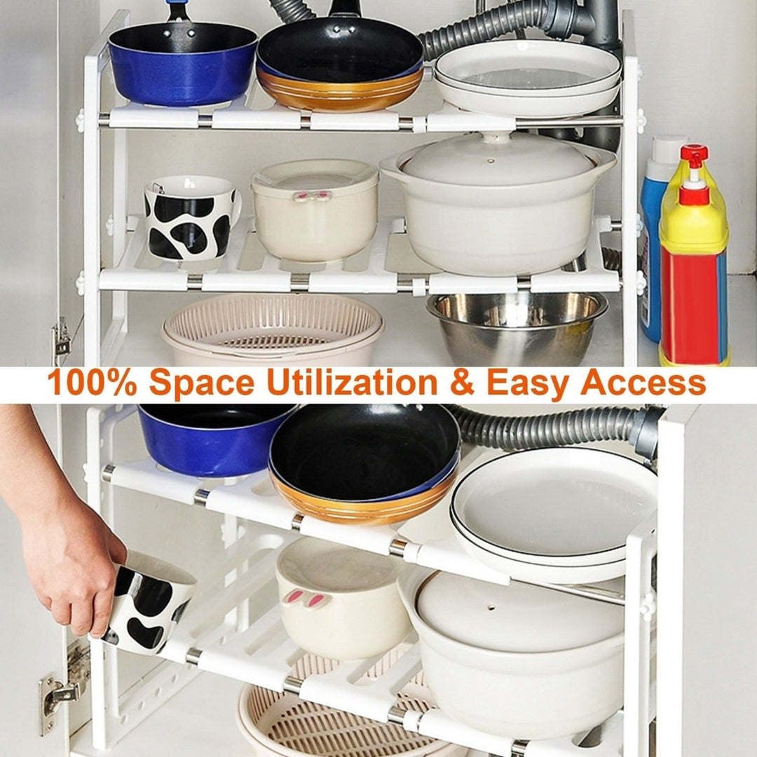 2-Tier Under Sink Organizer Retractable Kitchenware Rack Holders Space Saving Storage Shelf 22LBS Max Load Image 3