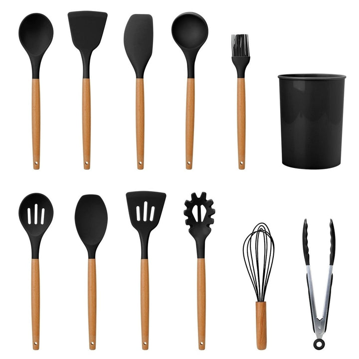 11Pcs Silicond Cooking Utensil Set Heat Resist Wooden Handle Silicond Spatula Turner Ladle Spaghetti Server Tongs Image 4