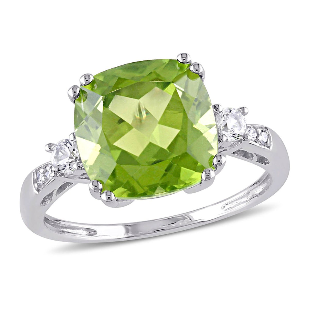 5.20 Carat (cw) Cushion-Cut Peridot Ring in 10K White Gold with Lab-Created White Sapphires Image 1
