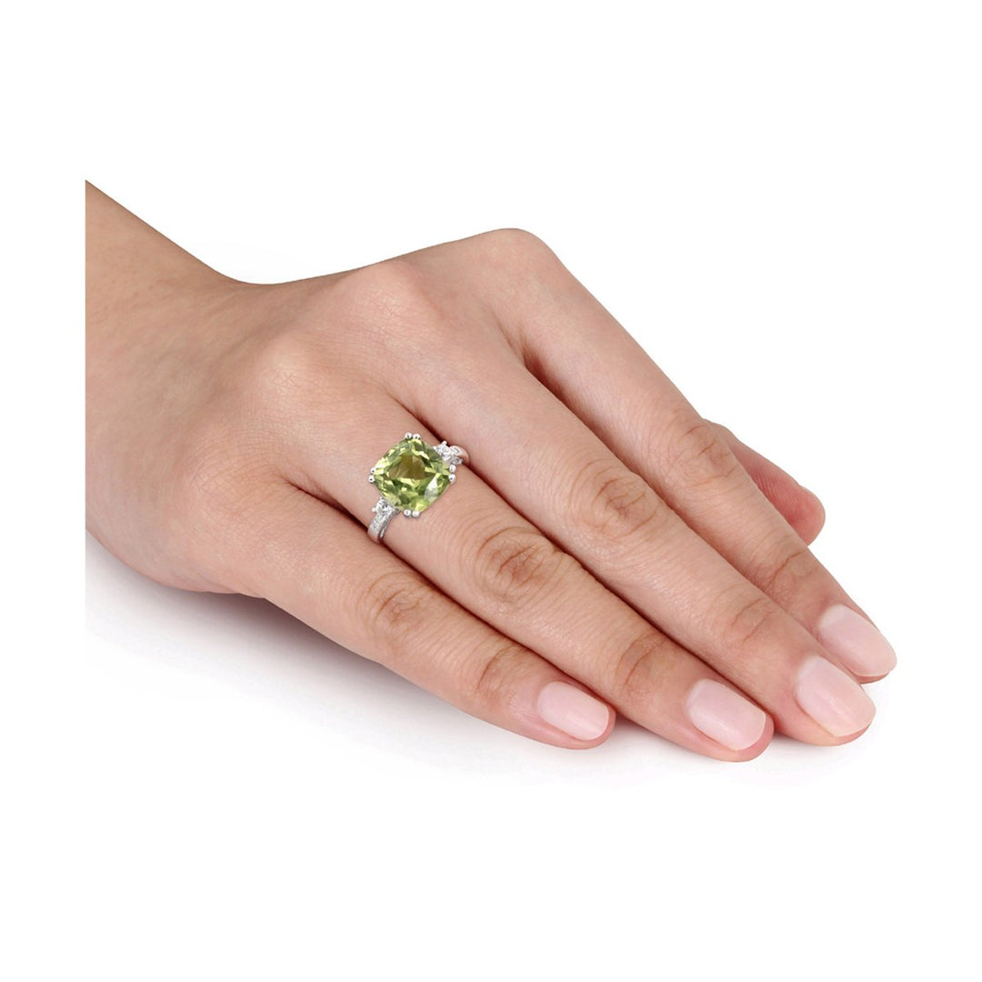 5.20 Carat (cw) Cushion-Cut Peridot Ring in 10K White Gold with Lab-Created White Sapphires Image 2