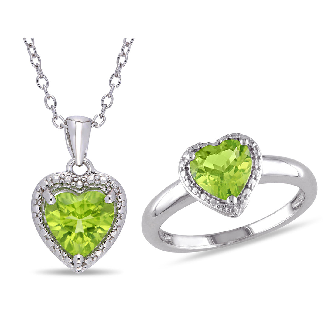 2.66 Carat (ctw) Peridot Heart-Cut Ring and Pendant Set in Sterling Silver Image 1