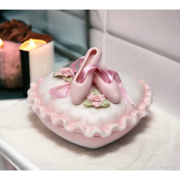 Ceramic Ballerina Shoe Jewelry Box Heart Shape 4x3.6 Image 1