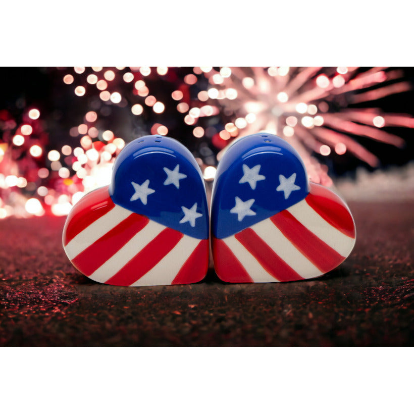 Ceramic American Flag Heart Salt and Pepper Shakers 2.5 Inch Patriotic Decor Image 1