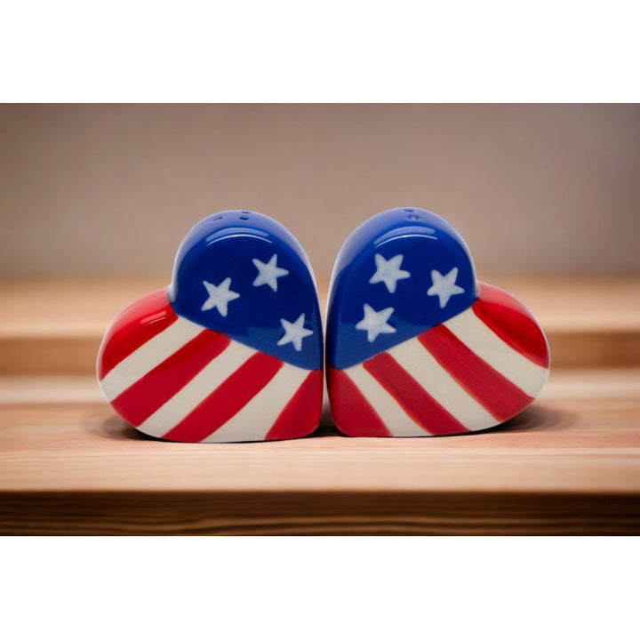 Ceramic American Flag Heart Salt and Pepper Shakers 2.5 Inch Patriotic Decor Image 2