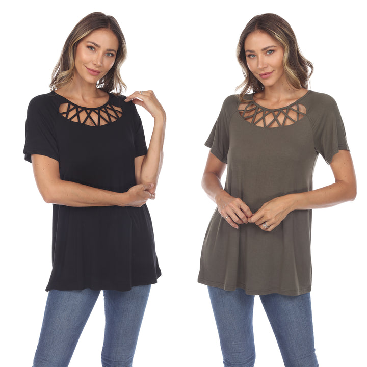 White Mark Womens 2 Pack Crisscross Black Short Sleeve Tops Size Up to 3X Image 2