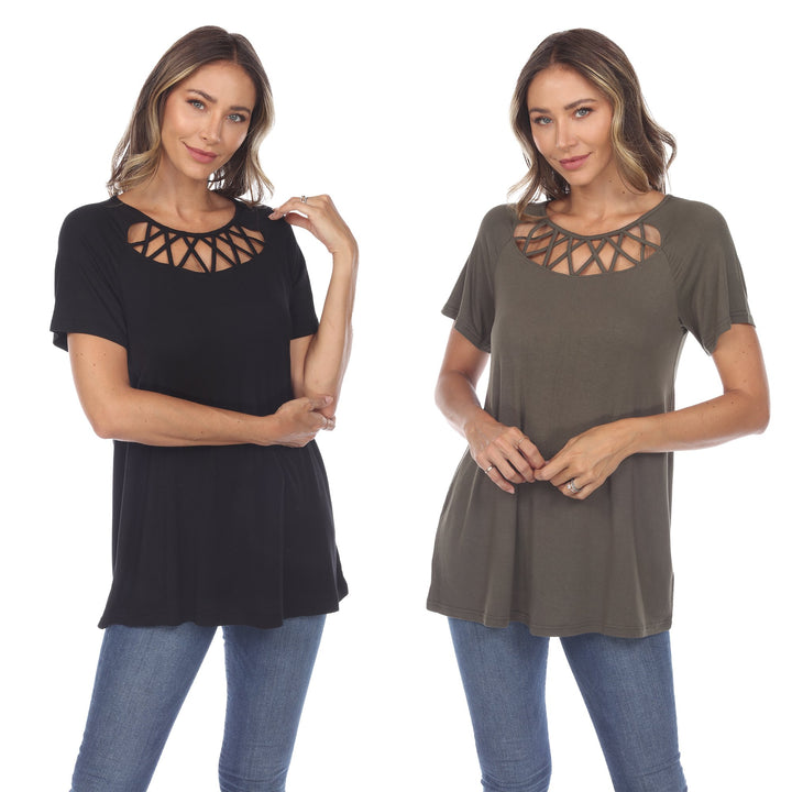 White Mark Womens 2 Pack Crisscross Black Short Sleeve Tops Size Up to 3X Image 1