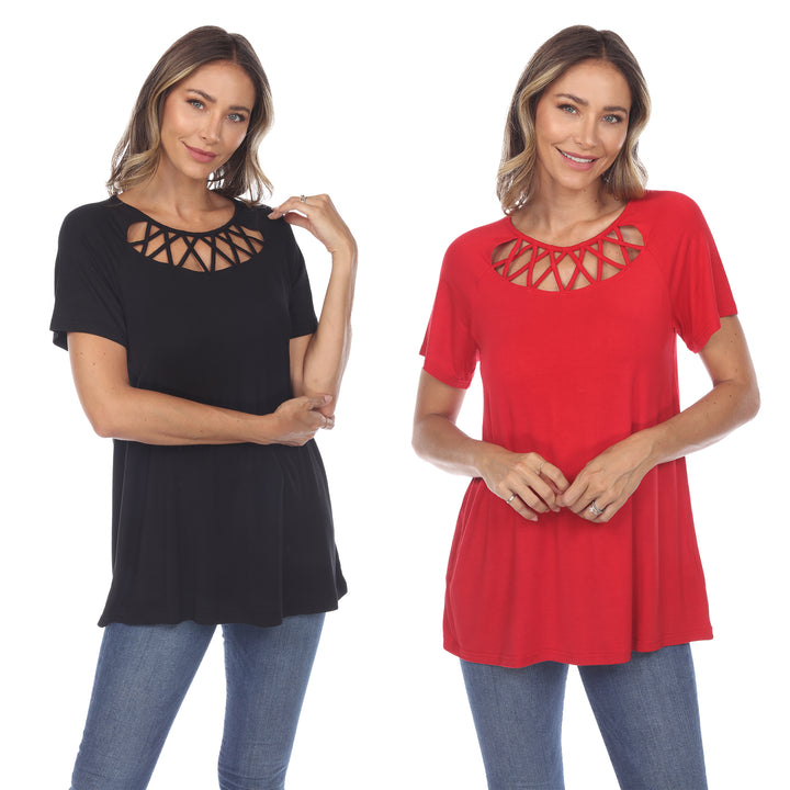 White Mark Womens 2 Pack Crisscross Black Short Sleeve Tops Size Up to 3X Image 3