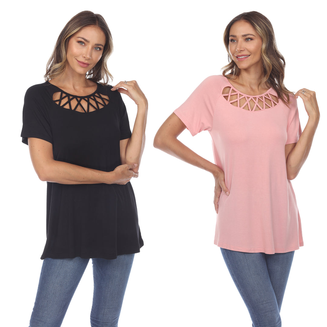 White Mark Womens 2 Pack Crisscross Black Short Sleeve Tops Size Up to 3X Image 4