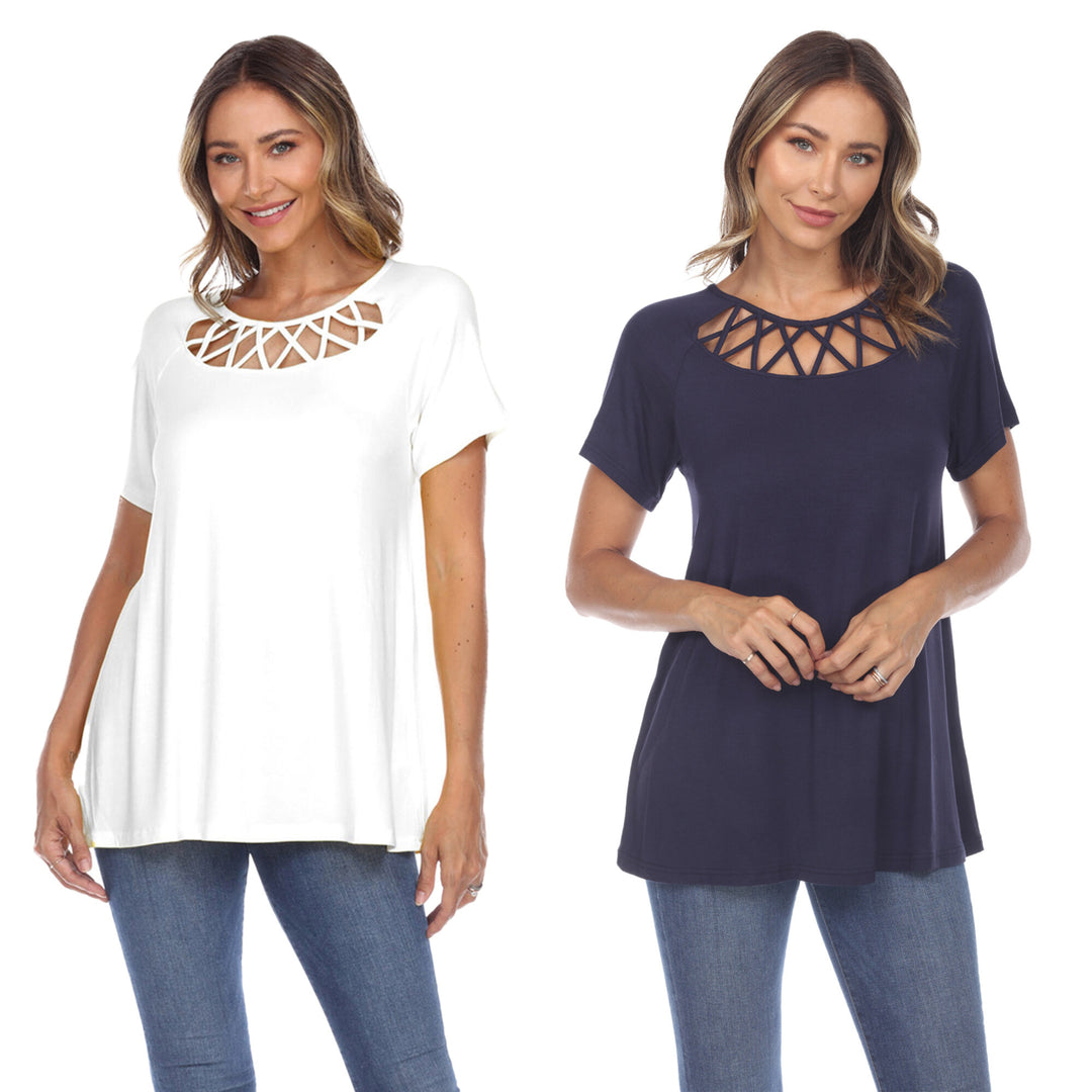 White Mark Womens Pack of 2 White Crisscross Short Sleeve Top Image 1