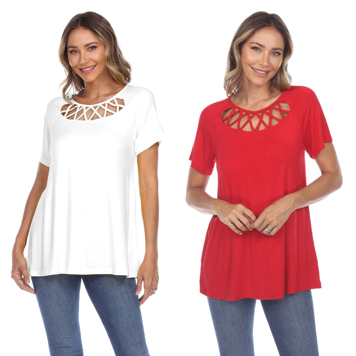 White Mark Womens Pack of 2 White Crisscross Short Sleeve Top Image 3