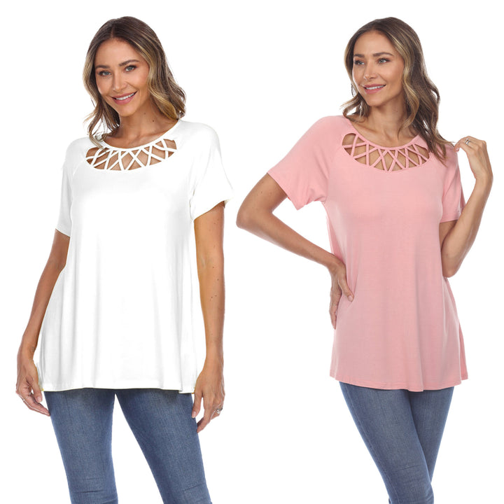 White Mark Womens Pack of 2 White Crisscross Short Sleeve Top Image 4