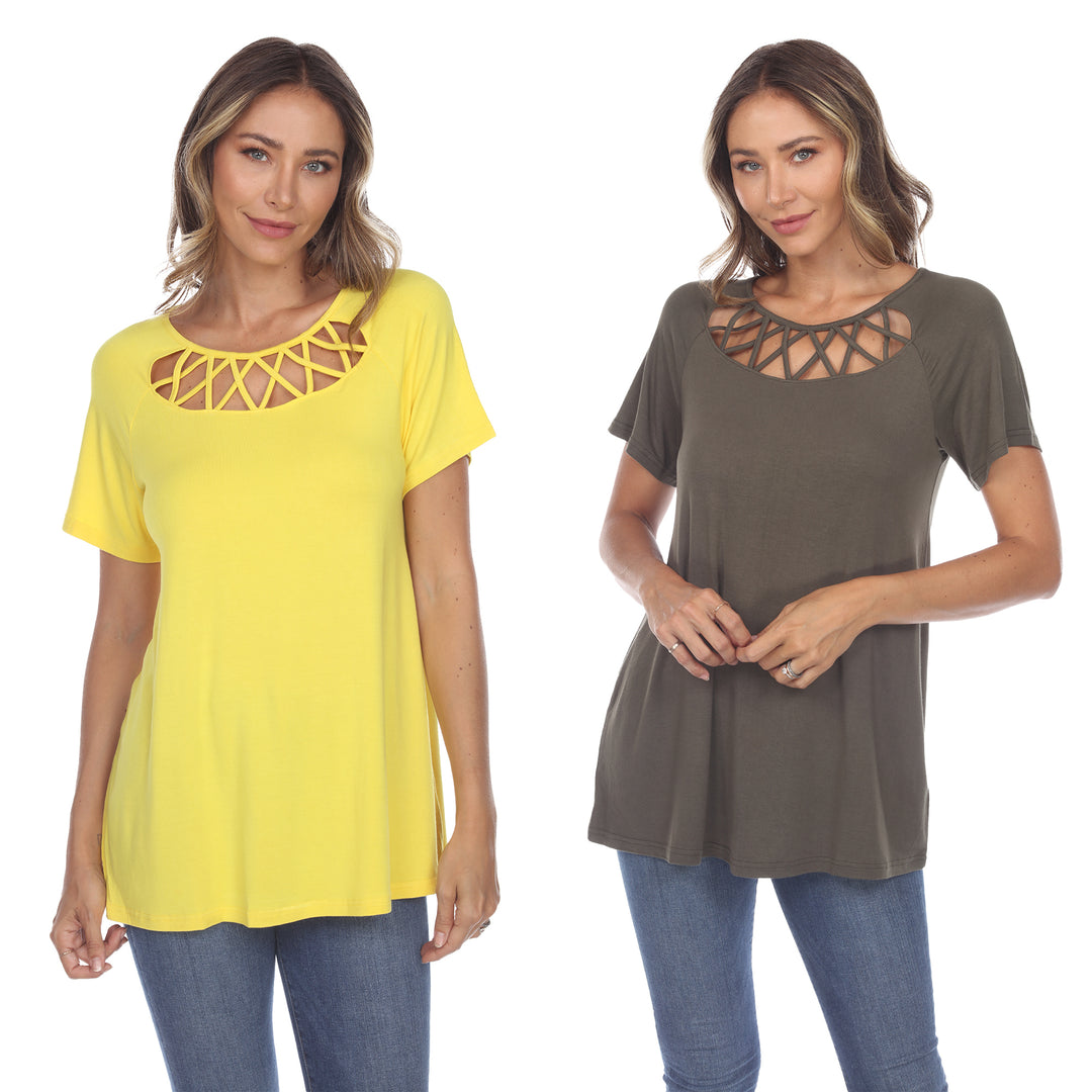 White Mark Womens Pack of 2 Yellow Crisscross Short Sleeve Top Image 3