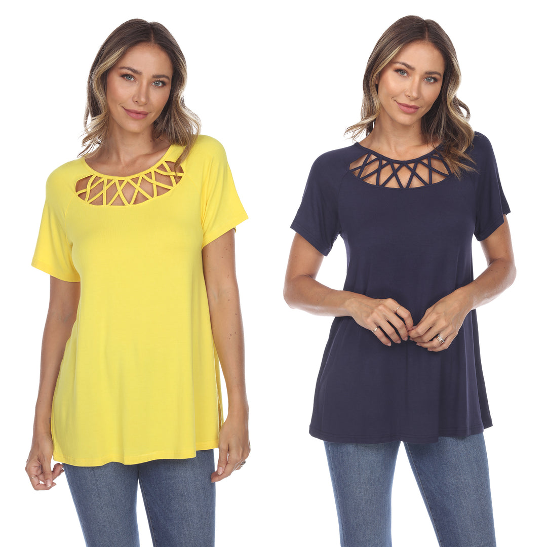 White Mark Womens Pack of 2 Yellow Crisscross Short Sleeve Top Image 1