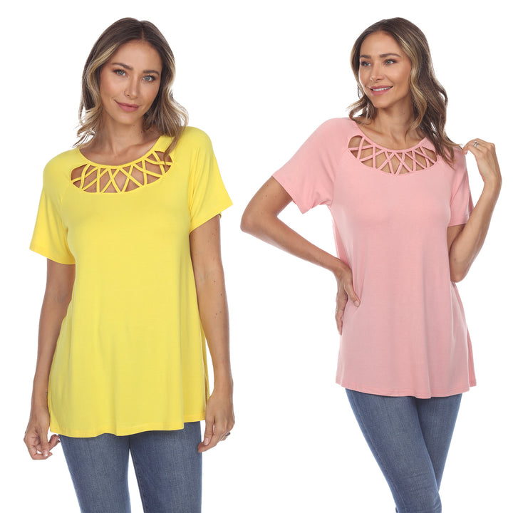 White Mark Womens Pack of 2 Yellow Crisscross Short Sleeve Top Image 4